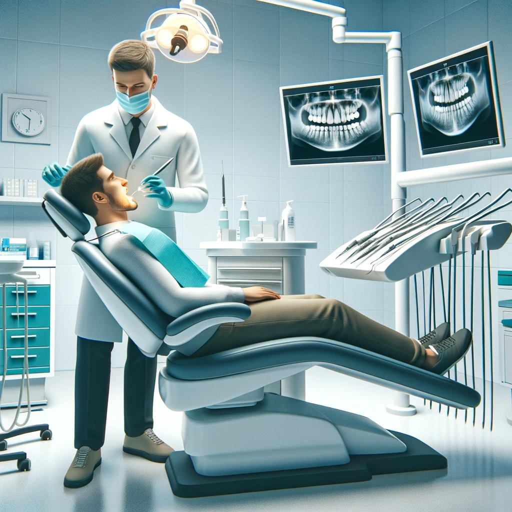 dentist examining a patient in the dentist chair.